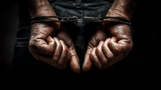 Criminal man with dirty hands in handcuffs is arrested by the police and is waiting for justice