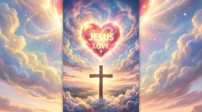 Jesus love cross sacred heart spiritual light in christian faith heavenly skies digital art uplifting environment