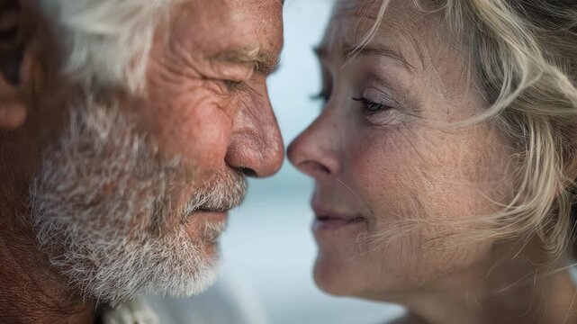 Affectionate elderly couple smiling and rubbing noses together in a tender and intimate moment