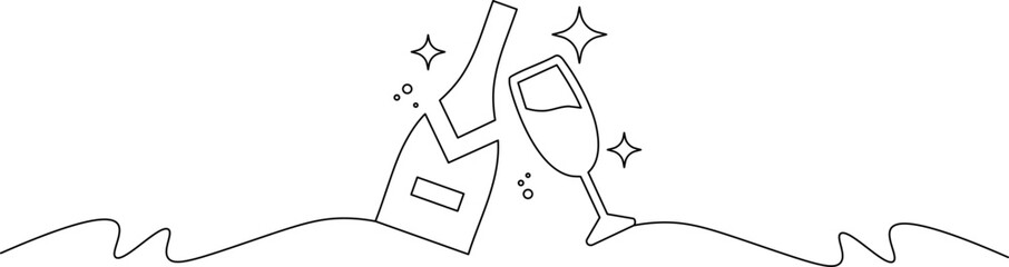 A minimalist line drawing of a champagne bottle and glass on a wavy surface with sparkles © Safdarali