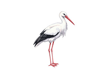 Fototapeta premium Elegant white stork with long red legs and beak stands gracefully on white background