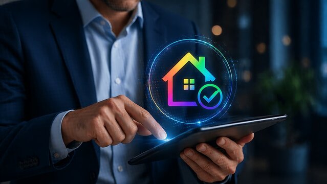 A businessman using a digital tablet with chak mark rainbow real estate icon.
