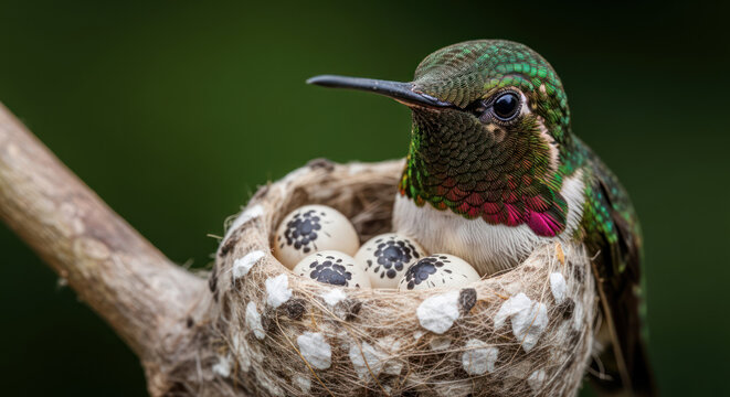 Hummingbird with Eggs in Nest Close Up Nature Wildlife