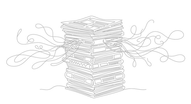 Stack of papers with strings attached.