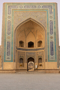 Ornate iwan portal of Mir-i-Arab Madrasa in Bukhara featuring in