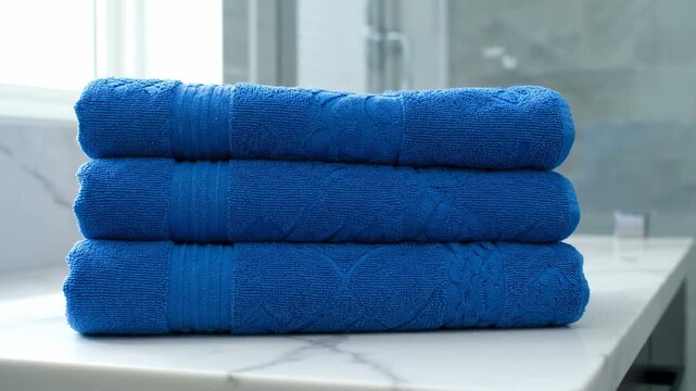 Stack of three blue towels on a marble surface. Soft and plush texture
