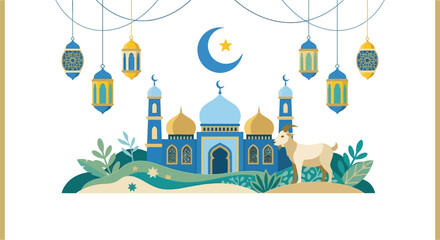 mosque with lanterns and crescent moon illustration © LUNEX