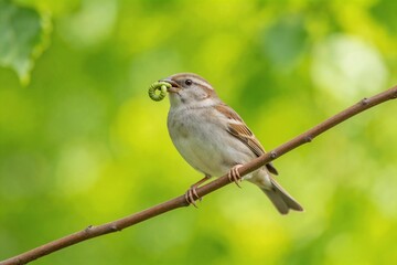 Obraz premium Bird perched on branch with green object