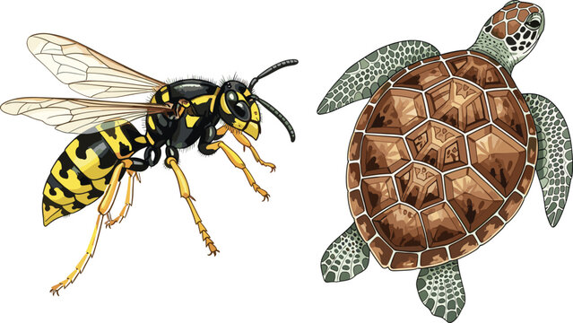 Highly detailed vector illustration set of a yellow jacket wasp and a sea turtle isolated on white for nature education science and wildlife design projects.