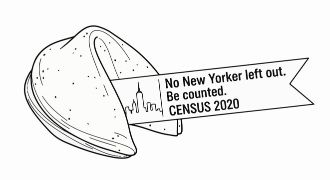 A fortune cookie with a banner urging New Yorkers to be counted for the 2020 Census