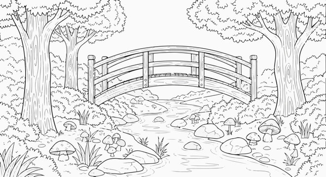 A gentle stream flows under a wooden bridge, surrounded by trees and mushrooms