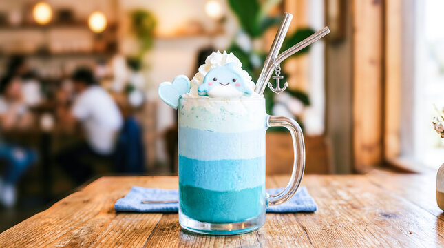Colorful layered drink for children topped with whipped cream and cute decoration in a children's cafe setting with blurred background of patrons enjoying their time