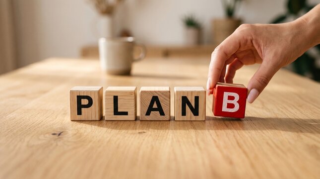 Strategic Shift: A hand strategically positions the B block, symbolizing the decisive implementation of a backup plan on a wooden surface.