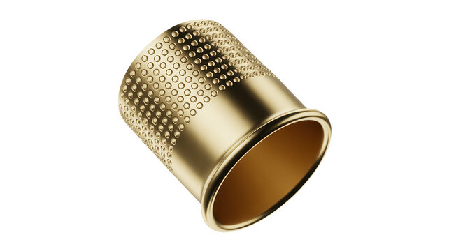 Golden thimble for sewing and needlework, vintage style tailor tool with dimpled texture, luxury gold metallic sewing accessory isolated on transparent background