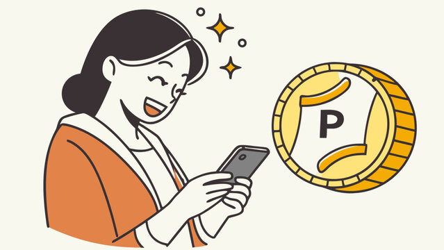 Happy woman using smartphone to earn reward points illustration