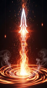 Ancient magical spear glowing with intense mystical flames emerges from a swirling vortex of energy in a dark and mysterious void