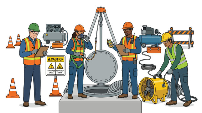 Diverse industrial workers performing confined space entry with essential safety equipment and ventilation system ensuring workplace safety