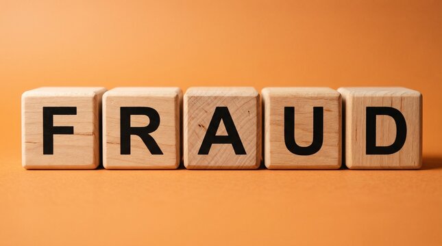 Deceptive Cubes: A bold display of wooden blocks spelling out the word FRAUD against a bright orange backdrop. A strong visual representation of financial misdeeds and deceit.