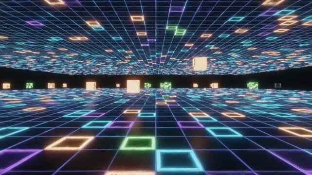 Futuristic neon grid and floating cubes in digital cyberspace representing data and technology