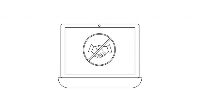 Laptop screen displays a prohibition sign over shaking hands icon.