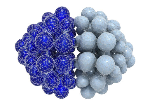 stunningly detailed 3d render of a dimeric macromolecular protein complex, glossy sapphire wireframe subunit binding to matte cerulean mesh structure, isolated on a transparent background,