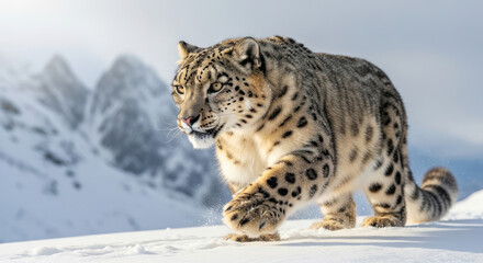 Fototapeta premium Snow Leopard Walking in the Mountains During Winter Season