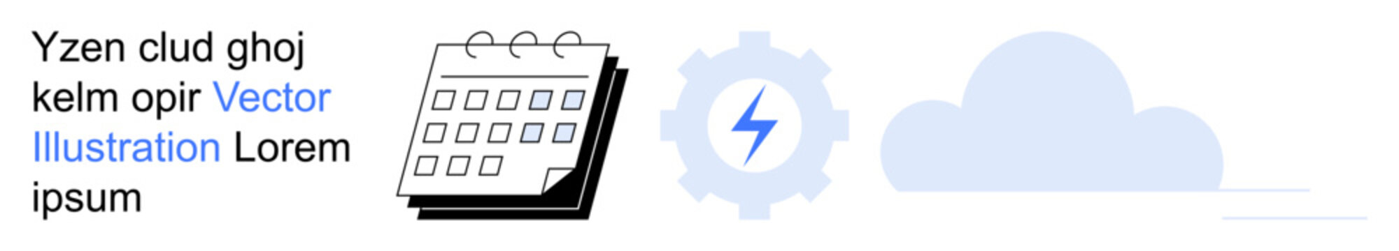 Scheduling, productivity apps, cloud computing, data synchronization, business tools, task management. A calendar, gear with a lightning bolt and a cloud icon. Scheduling and productivity apps