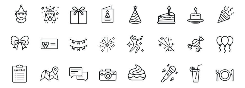 Birthday party line icons set anniversary celebration gift box cupcake with candle balloons invitation card camera drinks & more vector illustration with editable stroke.