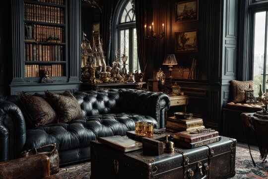Elegant vintage living room with dark leather sofa and antique decor