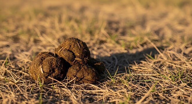 Close-up of horse manure on dry grass in a field during golden hour