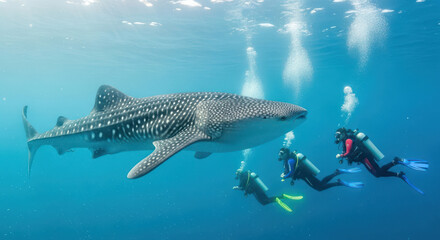 Fototapeta premium Whale Shark Swims Slowly in Clear Blue Ocean with Scuba Divers