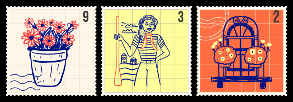 Italian retro postage stamps with hand- drawn colorful sketches of an  Venetian woman gondolier, arched window and potted flower
