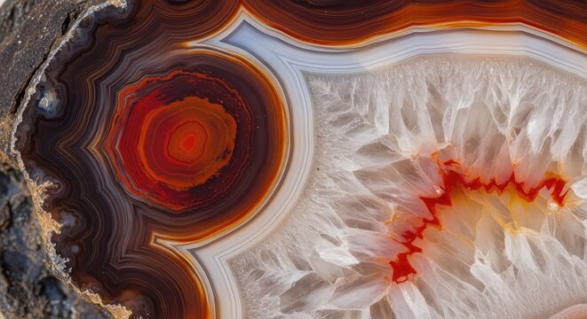 Extreme macro shot of a polished agate showing intricate circular patterns, translucent crystalline layers, and rich earthy color tones, quartz, red, close-up