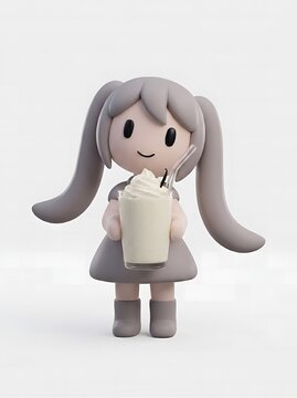 Cute pastel 3D character holding vanilla milkshake with whipped cream, kawaii dessert drink concept