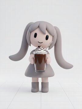 Cute pastel 3D character holding chocolate milkshake with whipped cream, kawaii dessert drink concept