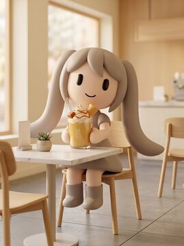 Cute pastel 3D character enjoying caramel milkshake in cozy cafe, kawaii dessert beverage concept