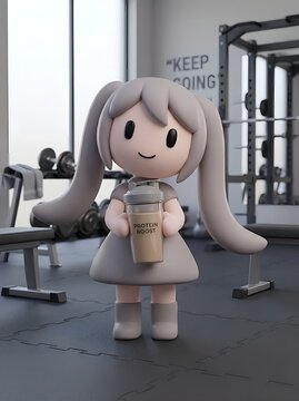 Cute pastel 3D character holding protein shake in modern gym fitness setting