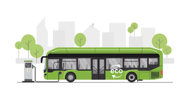 Green electric bus charging at a charging station in a modern city with trees