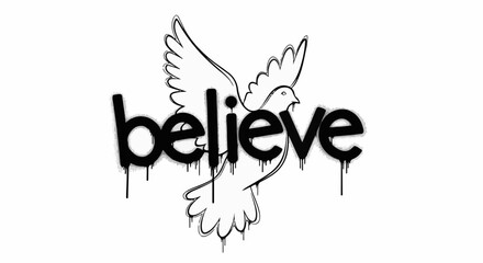 Obraz premium A dove with outstretched wings flies above dripping text spelling 