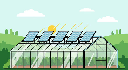 Obraz premium Greenhouse with solar panels on roof, sustainable farming, renewable energy, agriculture, sunny day