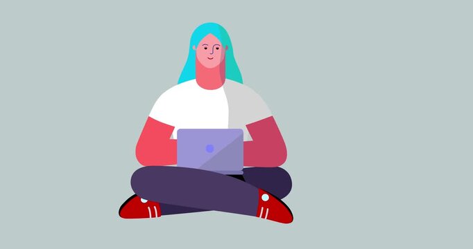 Animated woman yoga pose sitting with laptop isolated. Cartoon animation of businesswoman working. Business explainer flat design people serie movie. Female position with computer work scene video.