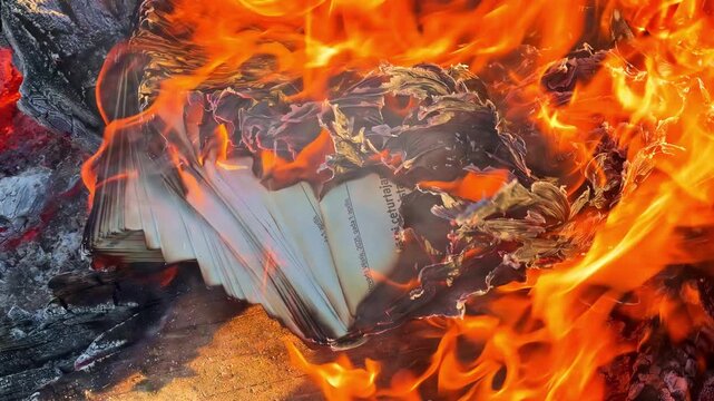 Dramatic close-up shot of Latvian printed book and documents consumed by intense orange fire with pages curling, charring and turning to ash with glowing embers