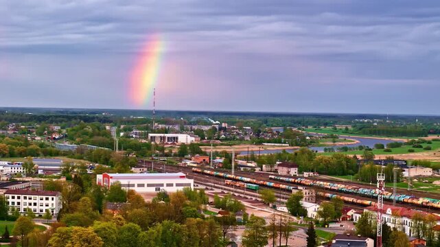 Aerial slow parallax drone shot over Jelgava Latvia revealing colorful freight railway yard, winding Lielupe river, spring green city and vivid rainbow arc against dramatic overcast sky