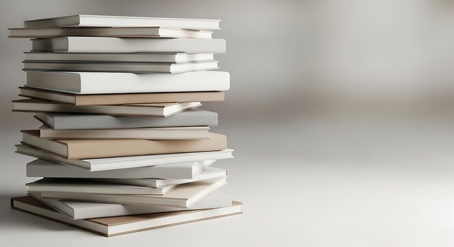 Tall stack of books in neutral tones with copy space