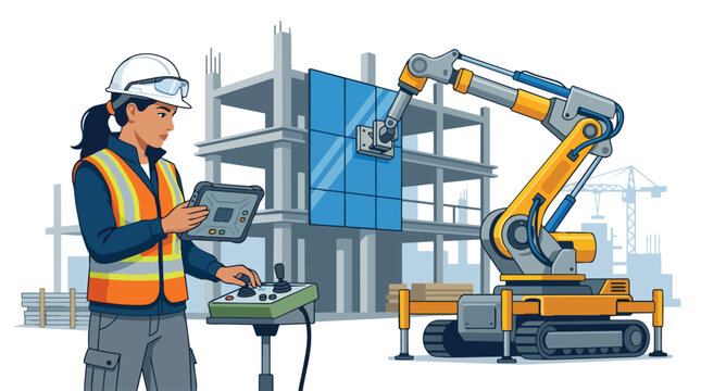 Female construction worker operating a robotic arm to install large glass panels on a building, highlighting modern technology and diverse workers in the construction industry.