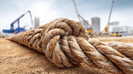 Fototapeta premium Thick Industrial Rope Laid Across Rough Ground at Construction Site