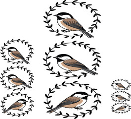 Vintage chickadee bird set inside laurel wreath frames, rustic nature wildlife and botanical vector illustration © Junayed