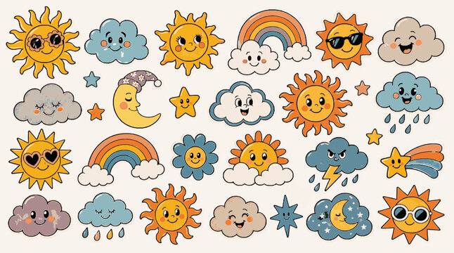 Sun and Cloud Doodles Pack. Groovy Retro SVG Vector Set with Cute 70s Cartoon Stickers, Flower Power Doodles, Smiley Icons and Funky Vintage Graphic Elements, sun and cloud doodles