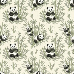 Obraz premium Pandas Eating Bamboo in a Natural Setting With Lush Green Plants Surrounding Them, Capturing a Moment of Wildlife in Their Habitat