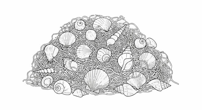A collection of various shells tangled within a mound of fine, stringy material